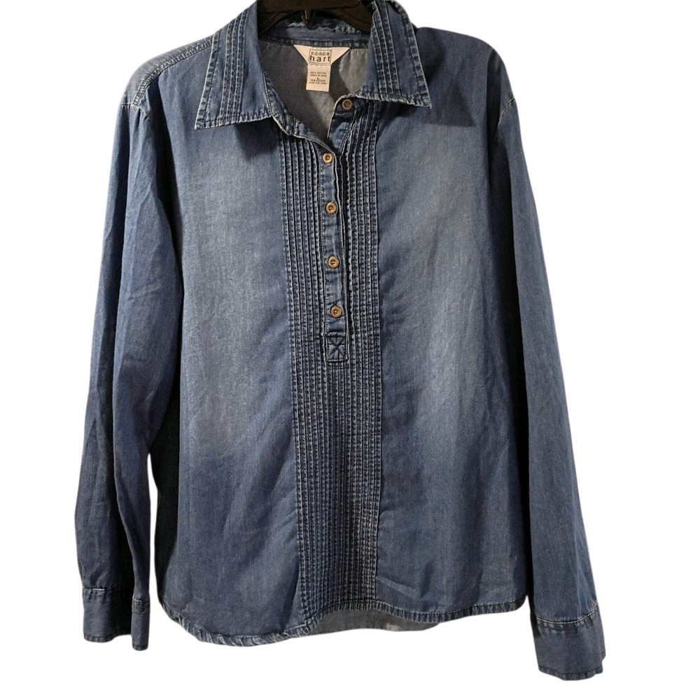VTG Keren Hart Women's Size L Blue Button Up Long Sleeve Denim Inspired‎ Top EUC